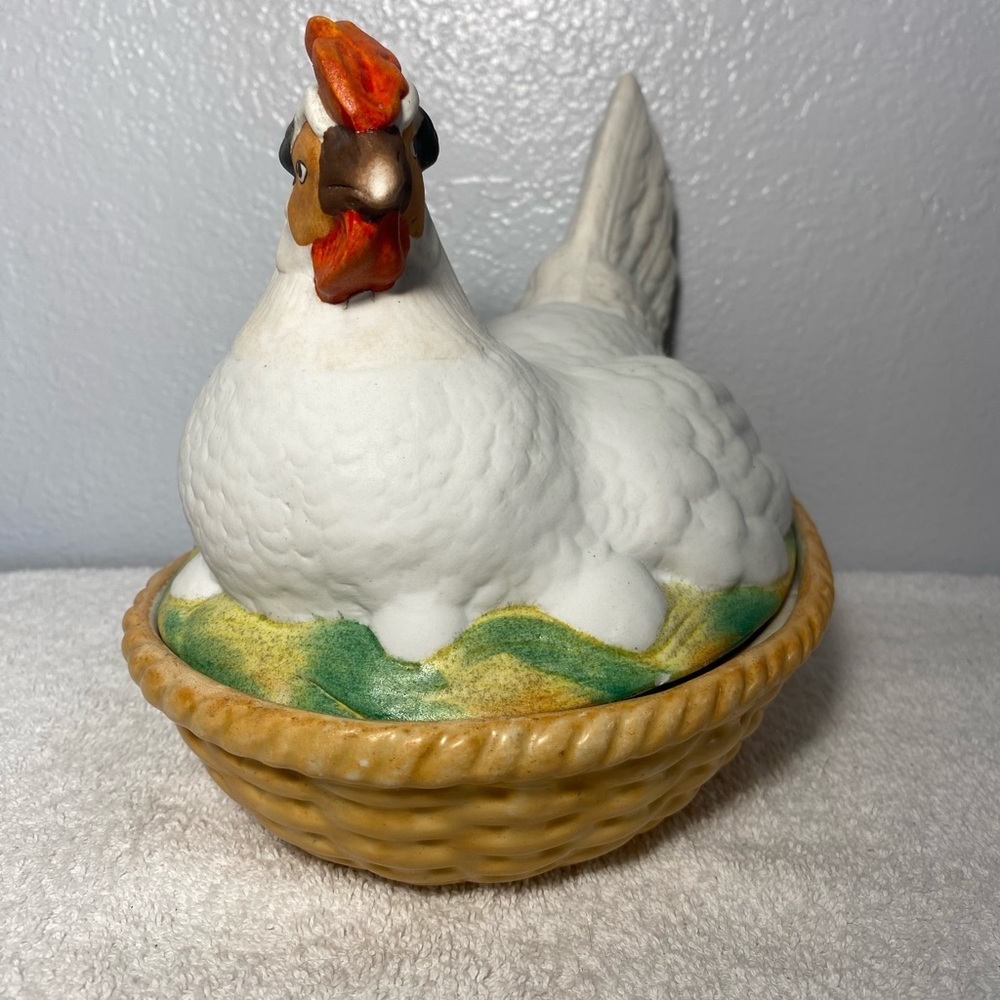 Antique Staffordshire Bisque Porcelain Hen Chicken on Nest Sitting on Eggs Bowl - Picture 2 of 10